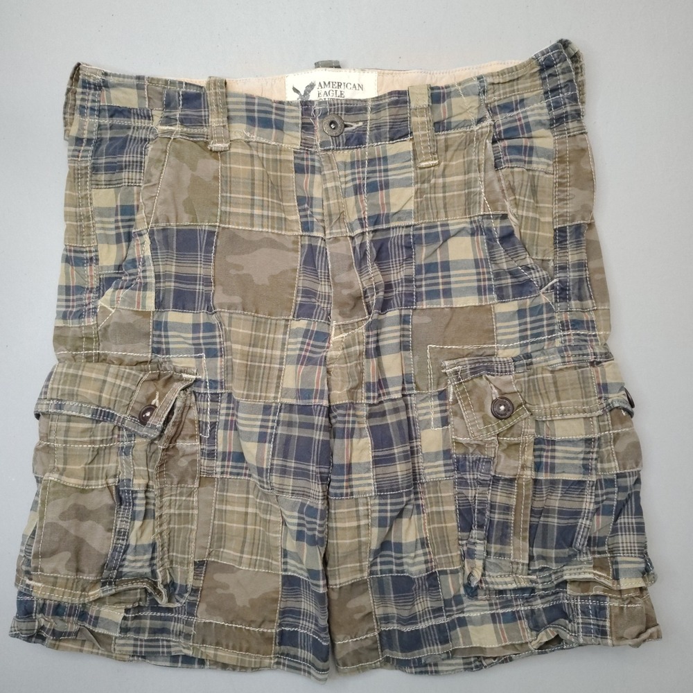 American Eagle Cargo Shorts Mens 34 Green Patchwork Plaid Camo Cotton 4489